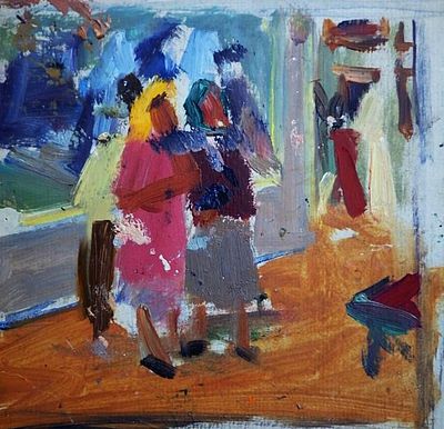 Долинина А.А. - "В музее". Эскиз одноименной картины. Картон, масло. Размер картона - 20,5 х 18 см. 