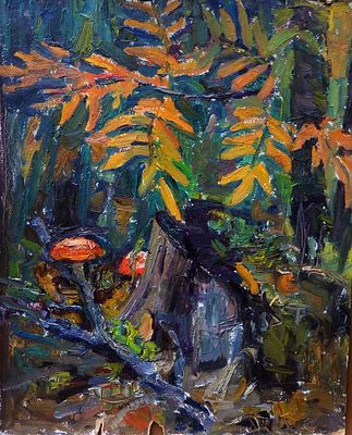 Долинина А.А. - "В лесной чаще". Картон, масло. Размер - 53 х 42 см. 1960-е годы.