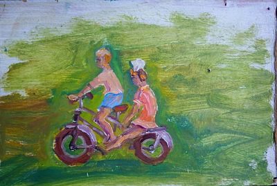 Долинина А.А. - "Эх, прокачу!". Картон, масло. Размер картона - 20 х 30 см. 1960-е годы. 
Долинина 