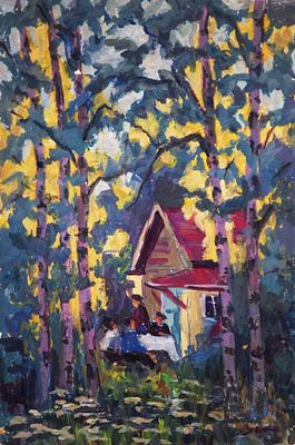 Долинина А.А. - "Лето". Картон, масло. Размер - 48 х 31 см. 1970-е годы.