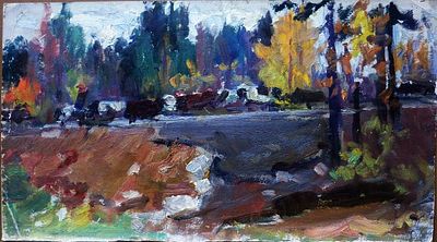 Долинина А.А. - "Идущее стадо". Картон, масло. Размер - 28 х 51 см. 1960-е годы.