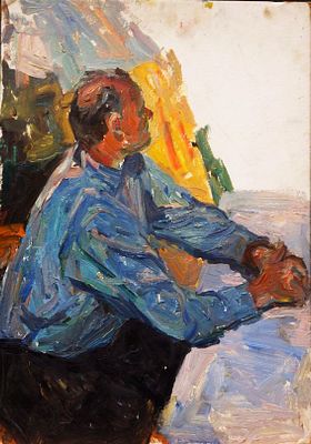Долинина А.А. - "Портрет мужчины в синей сорочке" . Картон, масло. Размер - 50 х 35 см. 1970-е годы.