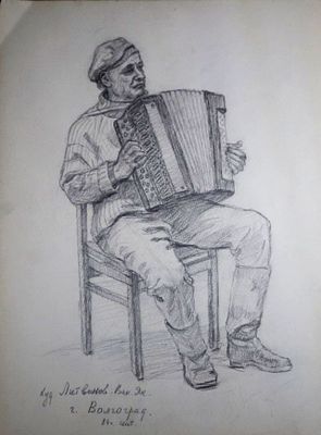 Долинина А.А. - "Баянист" (Портрет художника Литвинова В.Я. Волгоград). Бумага, карандаш. Размер 