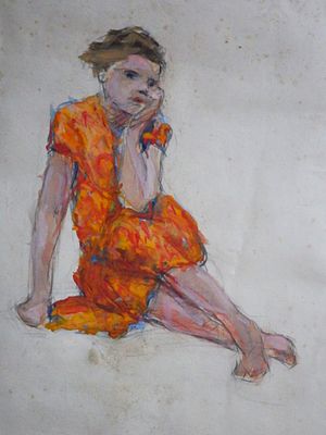 Долинина А.А. - "Сидящая девочка". Бумага, акварель. Размер листа - 60 х 39,5 см. 1940-е годы.