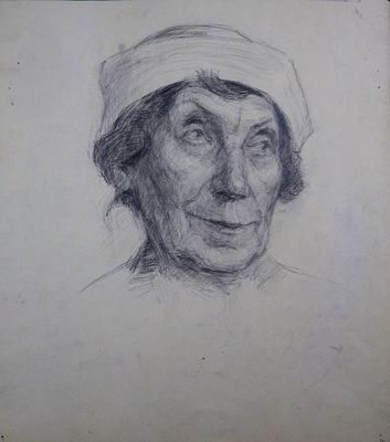 Долинина А.А. - "Женский портрет". Бумага, карандаш. Размер листа - 38,5 х 35 см. 1950-е годы. 