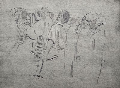 Долинина А.А. - "В толпе". Серая бумага, карандаш. Размер листа - 23 х 30 см. 1950-е годы. 