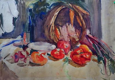 Долинина А.А. - "Овощной натюрморт". Бумага, акварель Размер листа - 45 х 64 см. 1940-е годы. 