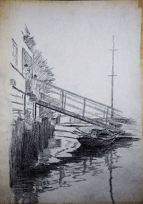Долинина А.А. - "Речная пристань". Бумага, карандаш. Размер листа - 42 х 30 см. 1950-е годы. 