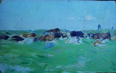 Долинина А.А. - "Стадо". Картон, масло. Размер картона - 25,5 х 40 см. 1950-60-е годы. 
Долинина 
