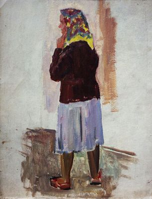 Долинина А.А. - "Женская фигура". Этюд к картине "В музее". Картон, масло. Размер - 50 х 39 см. 