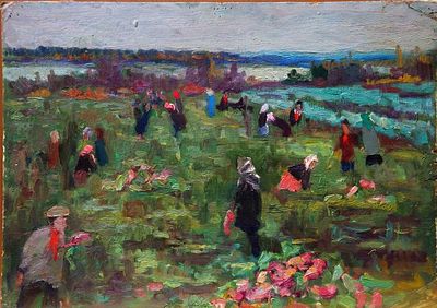 Долинина А.А. - "Уборка свёклы" . Картон, масло. Размер - 25 х 35 см. 1960-е годы. 
Долинина 