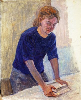 Долинина А.А. - "Женщина с книгами". Картон, масло. Размер - 50 х 40 см. 1960-е годы. 
Долинина 