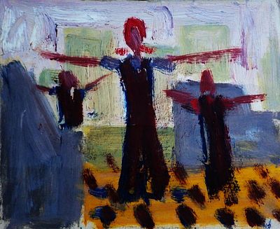 Долинина А.А. - "Производственная гимнастика". Картон, масло. Размер картона - 14 х 18 см. 1960-е 