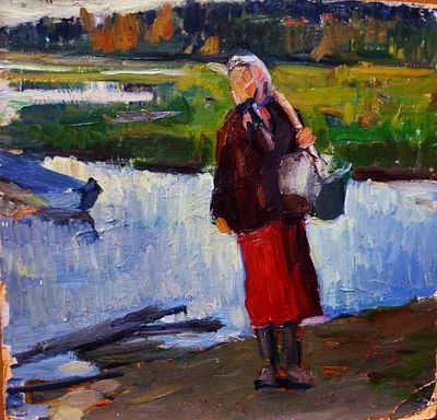 Долинина А.А. - "За водой". Картон, масло. Размер - 47 х 48 см. 1950-е годы