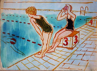 Оболенская Т.Б. "В бассейне. У тумбы № 3" . Бумага, акварель. Размер листа - 35 х 48 см. 1960-е 