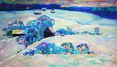 Денесюк В. - "Деревушка". Холст, масло 40 х 70 см 1989 год. 
Денесюк В. Ленинградский художник 