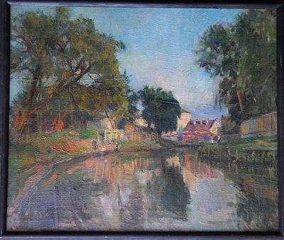 Горб В.А. - "Ленинград. Вечер на реке Смоленке". Холст, масло. Размер пейзажа - 45 х 53 см. 1936 