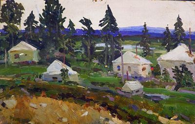 Мануйлов С.И. - "Летний лагерь" . Картон, масло. Размер работы - 17 х 26 см. 1970-е годы. На 