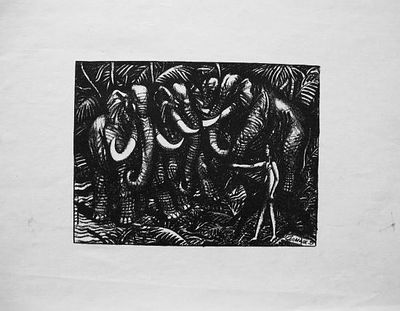 Домашенко Н.И. - "Маугли и слоны". Линогравюра. Размер листа - 36 х 49 см. Размер изображения - 18 