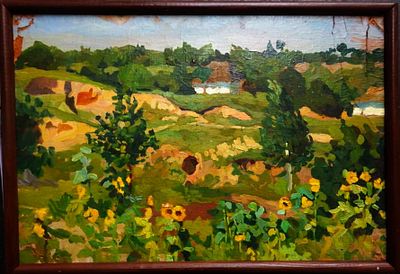 Оболенская Т.Б. "Пейзаж с подсолнухами" . Картон, масло. Размер - 24 х 36 см. 1950-е годы. 