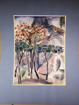 ВЫСТАВОЧНАЯ РАБОТА Тюленев В.И. - "Пейзаж с виноградом. Грузия". Бумага, акварель. Размер - 47 х 