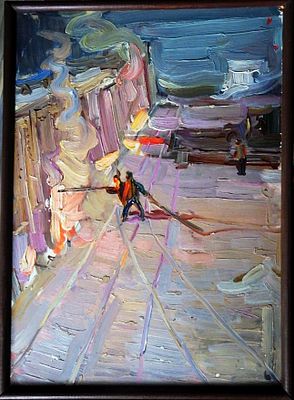 Никифорова Е.В. "Златоуст. В горячем цеху" . Картон, масло. Размер - 46 х 32 см. 1960-е годы. 