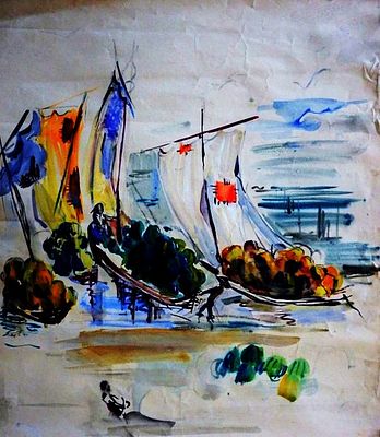 Кустова (Шорр) И.П. "Парусники" (Парусные лодки под погрузкой). Театральная фантазия. . Бумага 