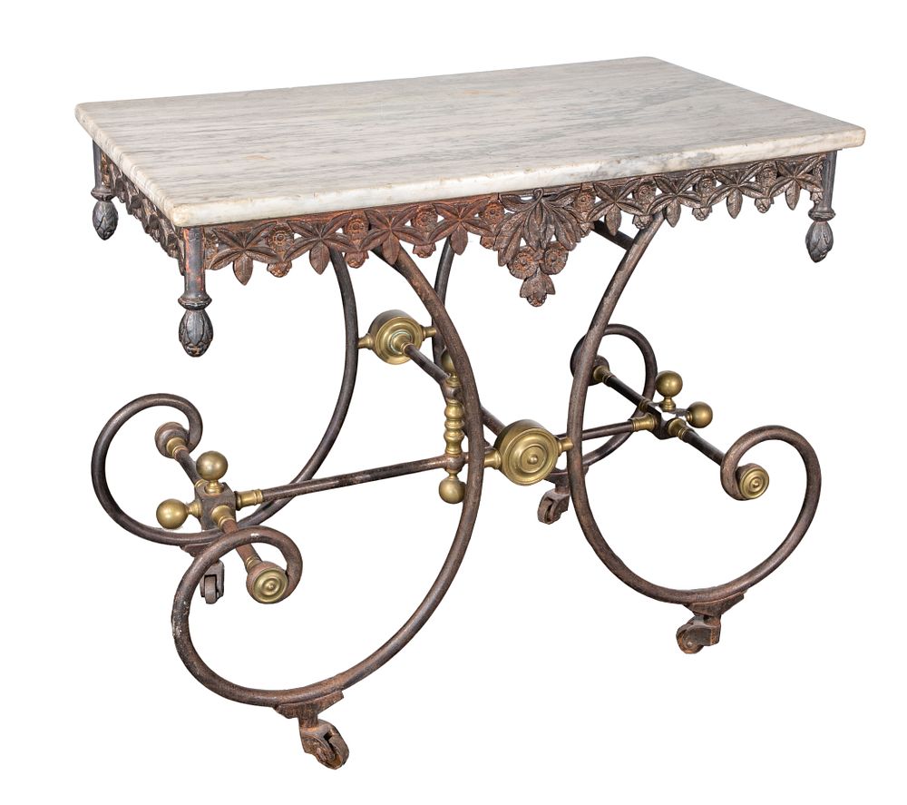 Lot 165: French Iron and Marble Baker Table