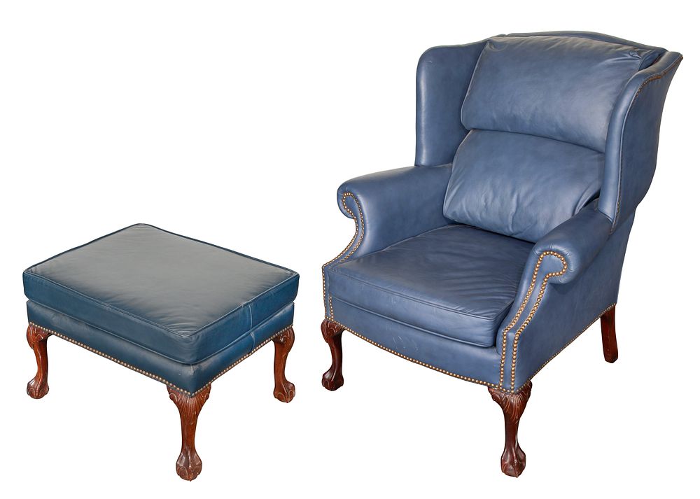 Lot 169: Classic Leather Inc. Leather Wingback Chair and Ottoman