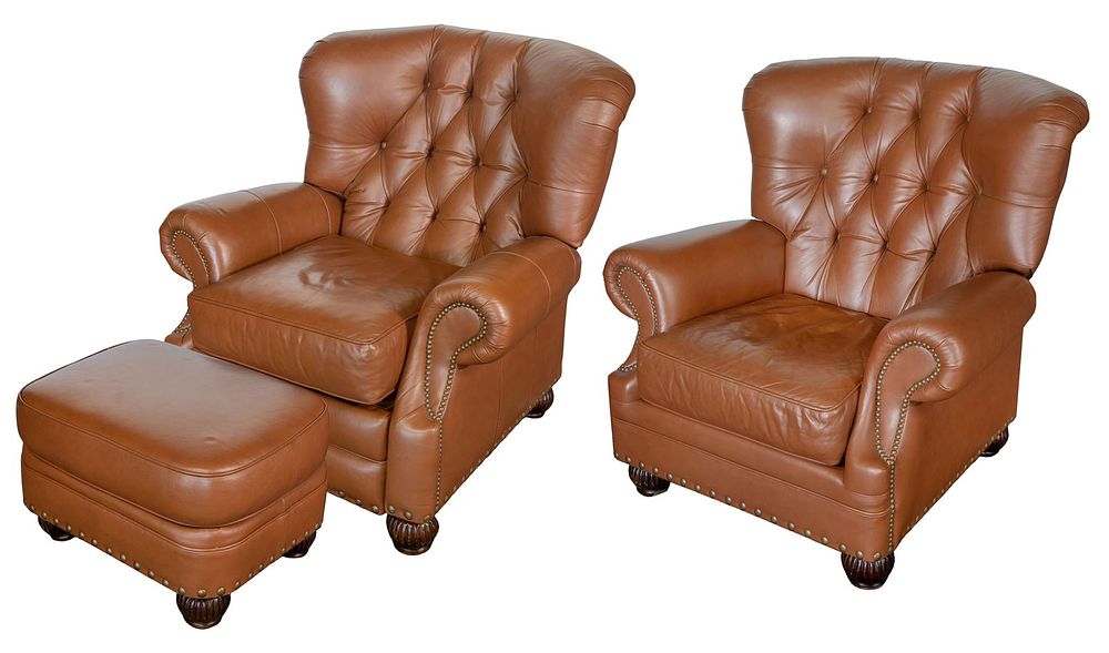 Lot 263: Leathercraft Tufted Leather Armchairs and Ottoman