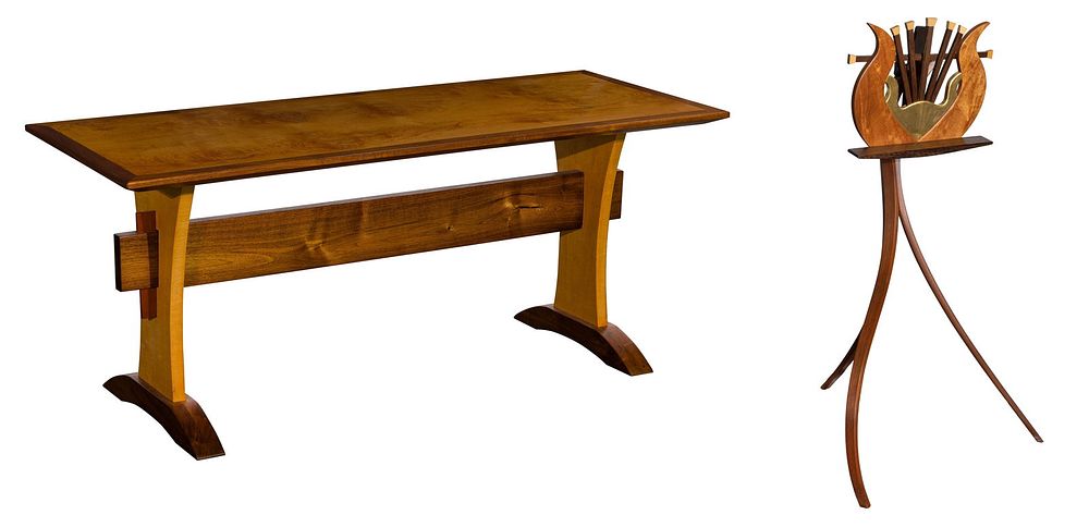 Lot 172: Mixed Wood Trestle Bench and Music Stand