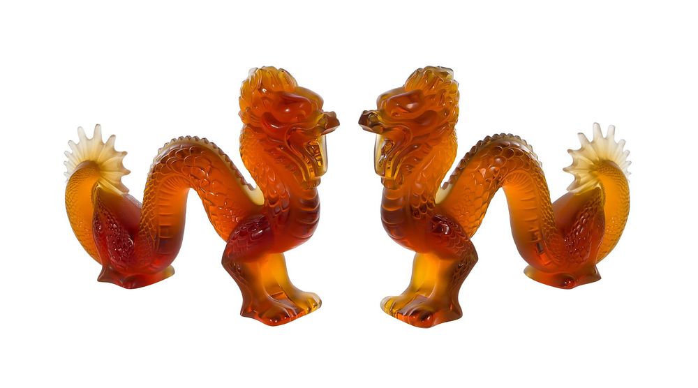 Lot 223: Lalique Crystal Amber Glass Dragons