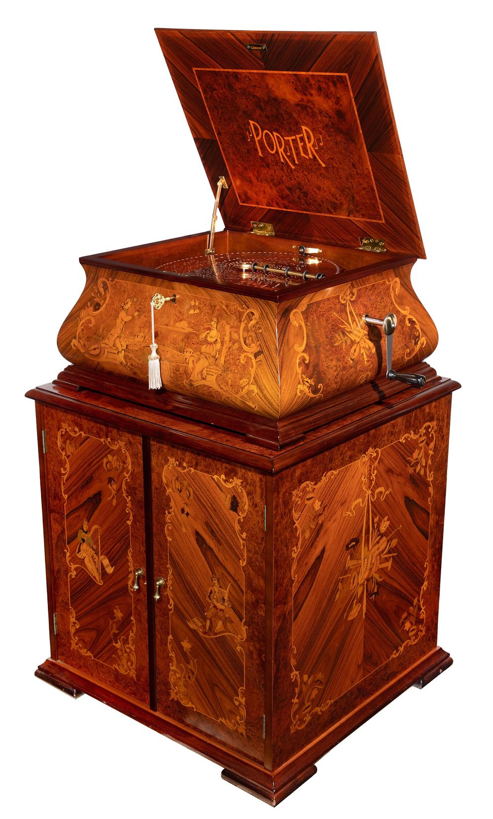 Lot 211: Porter Marquetry Inlaid Music Box on Cabinet
