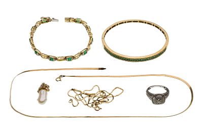 14k and 10k Gold Jewelry Assortment (6) items including a hinged bangle bracelet having 