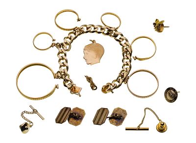 14k Gold Jewelry Assortment (5) items including a charm bracelet having attached bails, a pair 
