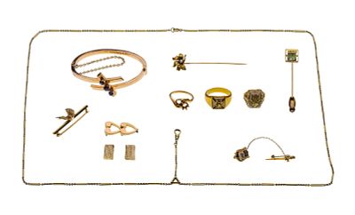 14k Gold Jewelry Assortment (12) items including (3) rings, (3) pins, a hinged bangle bracelet 
