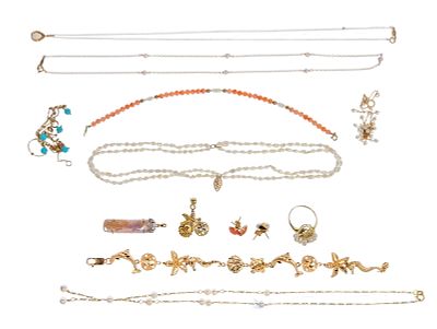 14k Yellow Gold and Pearl / Coral / Turquoise Jewelry Assortment (13) items including bracelets 