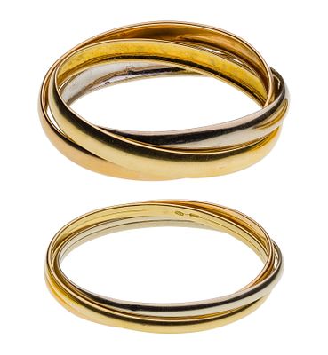 18k Tri-Color Bracelets (2) items each having three entwined bangle bracelets (both marked 
