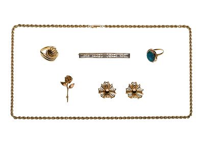 14k Gold Jewelry Assortment (6) items including a knot style ring, an oval cut opal ring, a 