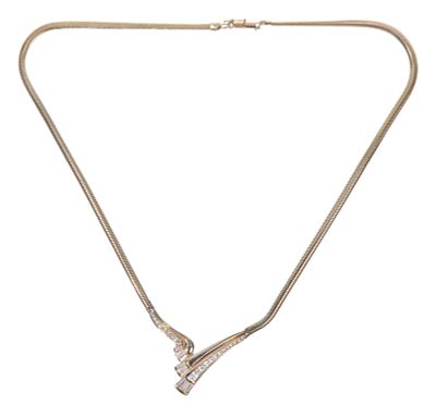 14k Yellow Gold and Diamond Necklace Having an attached v-style pendant with nine graduated 