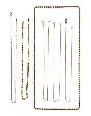 14k Yellow Gold Necklace Assortment (6) items including a twisted rope, a box and an oval link 