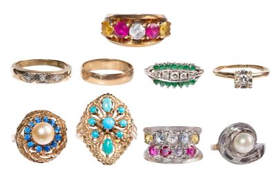 14k Gold Ring Assortment (9) items including a round cut diamond solitaire as well as (2) bands 