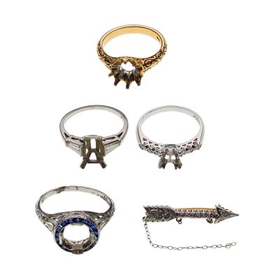 Platinum and 18k Gold Ring Setting Assortment (5) items including (3) rings and a diamond 