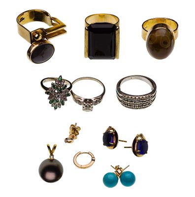 14k Gold and Gemstone Jewelry Assortment (11) items, (6) rings including a three-band accented 