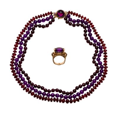 Eve J Alfille 14k Yellow Gold and Gemstone Ring and Necklace (2) items including a choker style 