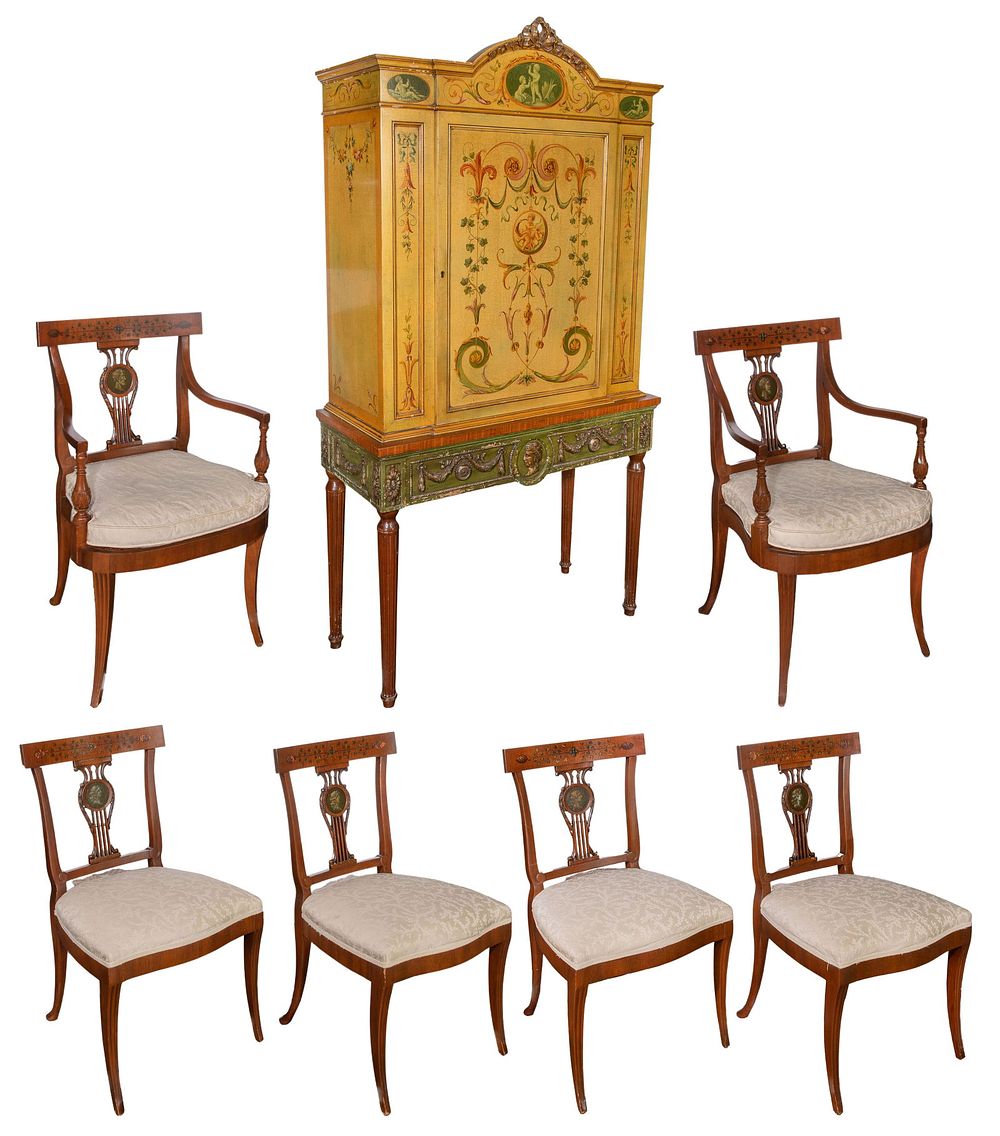 Lot 258: Royal Furniture Company Bar Cabinet and Dining Chair Collection