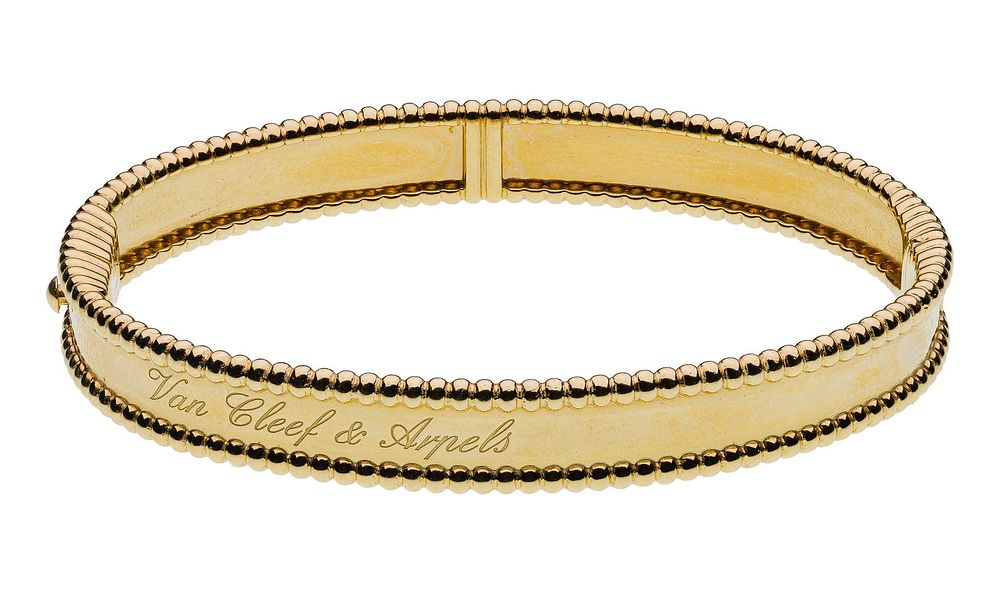 Lot 234: Van Cleef & Arpels 18k Yellow Gold Perlee Hinged Bangle Bracelet