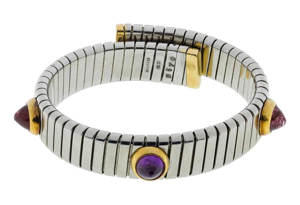 Lot 249: Bulgari / Bvlgari 18k Yellow Gold and Steel Tubogas Bracelet