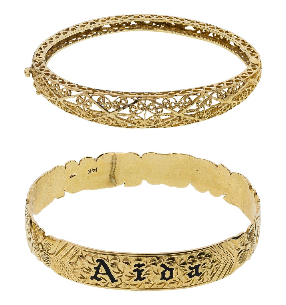 Lot 186: 14k Yellow Gold Hinged Bangle Bracelets