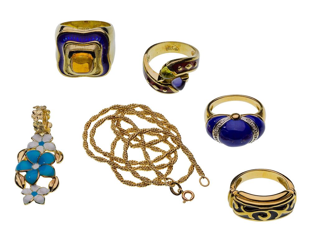 Lot 197: 14k Yellow Gold and Enamel Jewelry Assortment